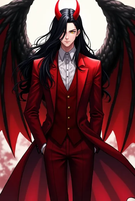 A man, a young demon, with long black hair, yellow eyes, small red horns, dressed in an elegant red suit and black and red wings in anime style. 