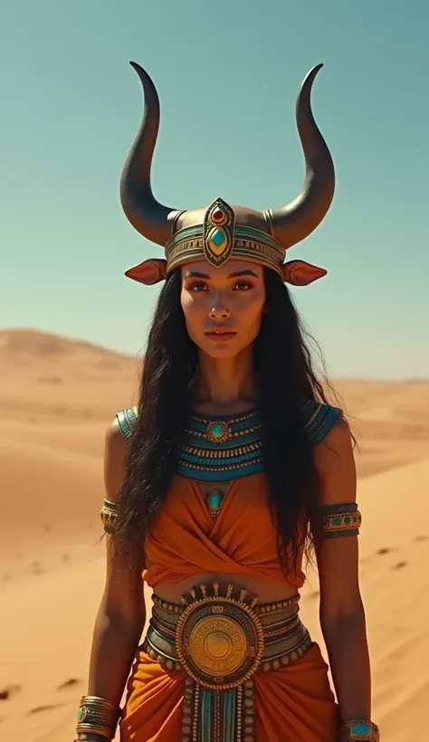 image of the Goddess Hathor worshiped by the people in the desert, Cinematic, full hd