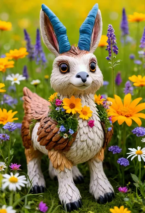 Bavarian Wolpertinger made from duck  ,   owl and goat on a colorful flower meadow 