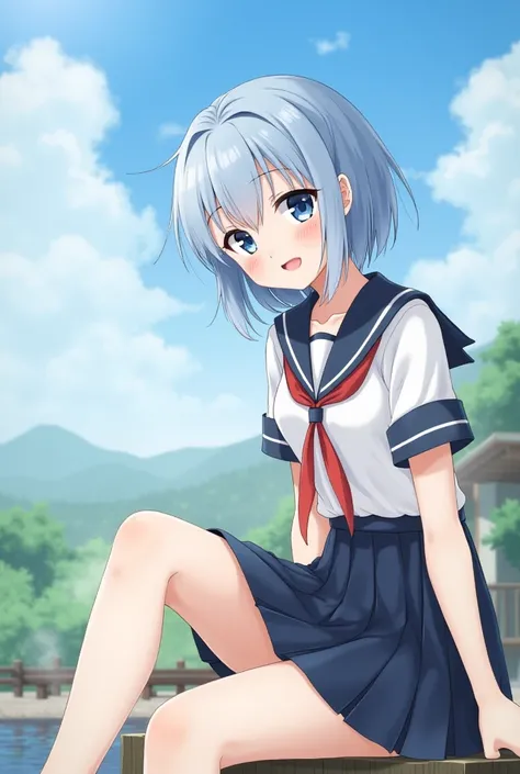 (masterpiece:1.8) , (best quality:1.4) ,(ultra high resolution:1.4),dynamic composition,(poetic scene),depth of field,countryside onsen, hot spring,steam, 1girl, sitting,((smiling)), sexy eyes,blush,adult kawaii,favor,kind face,happy,upper school uniform,l...