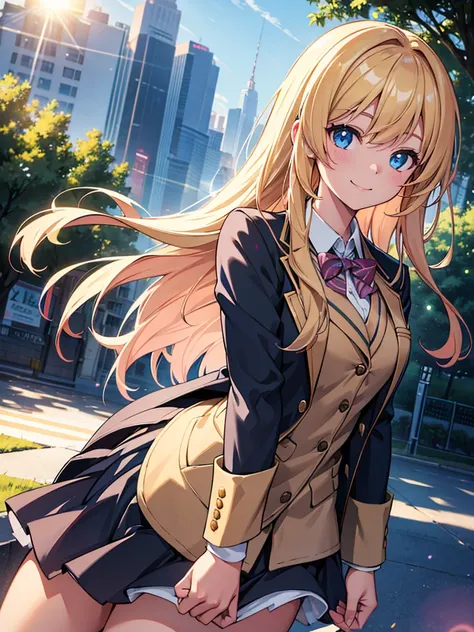 cinematic angle, solo focus,masterpiece, best quality, extremely detailed, absurdres,  ,lens flare, very aesthetic,one cute girl has long hair, (wind), the background is park,
, the girl wearing (school uniform blazer ),light smile,