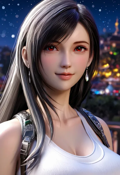 Trends on ArtStation, Trends on CGSociety, Intricate, High Detail, Sharp Focus, Dramatic, starry night sky, Tifa Lockheart of Final Fantasy, Tifa's original Final fantasy 7 costume, 25 years old, mature looking, Realistic Art of Drawing by Midjourney and G...