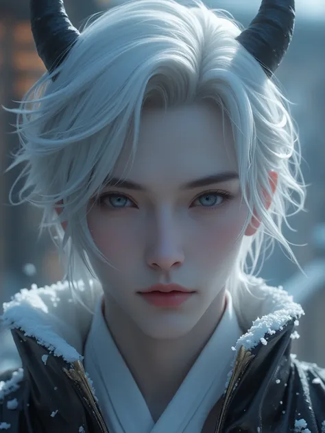 Masterpiece, best quality, 8k, highest quality, best graphic, beautiful eye, beautiful lip, beautiful background, man in 20s, white short hair, white aura, white eyelash, devil like, black devil horn, white 1800s noble cloth, full shot, snow flake