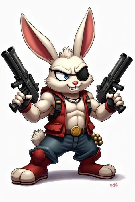 Drawing of animated male white bunny with athletic body and biceps with bad face and eye patch, They had bullets and two machine guns in their hands