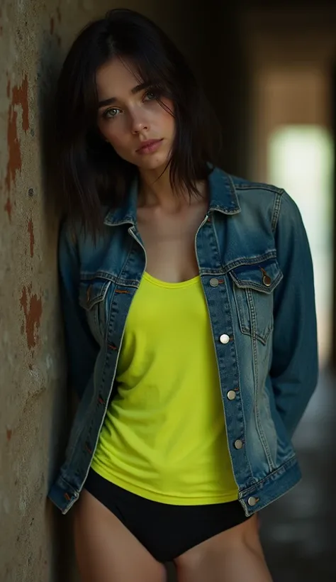  Ultrarealistic image . A slim dark-haired 25-year-old German woman .  She has a distinctive narrow face with high cheekbones and a small nose.  She has shoulder-length hair . She is wearing an open denim jacket and a long neon yellow top. She is wearing b...