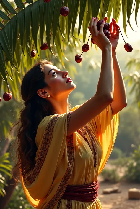 Draw me a believing woman shaking the palm tree to make dates fall