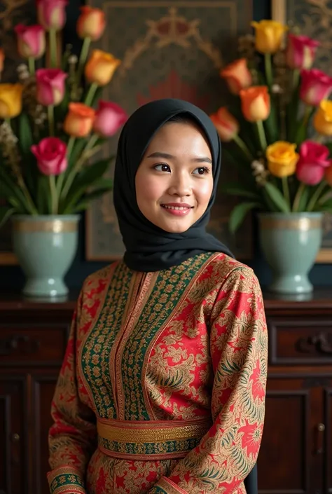 Beautiful young Indonesian woman wearing hijab , wearing kebaya batik and subordinates wearing batik sarung, hiking shoes, Background is a room decorated with fresh flowers , gives a formal atmosphere during the day 