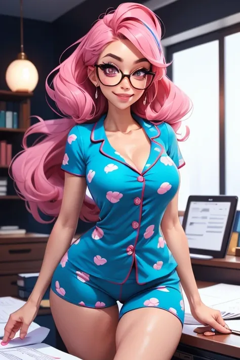 Perfect face. Perfect hands. A pink haired woman with violet eyes with an hourglass figure in pretty pajama top and cute pajama shorts and glasses is smiling while working on paperwork in the office with a big smile