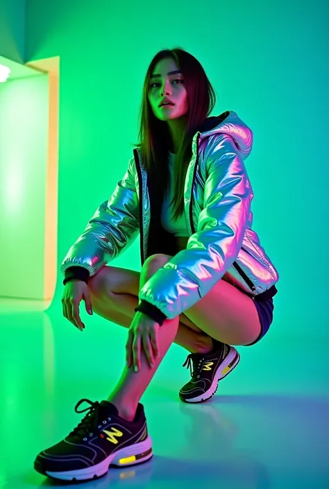 Trendy editorial shot of an American female high fashion model in a room with neon lighting. She poses while sitting. Metallic windbreaker, shorts, hi-tech sneakers with shiny accents. Green and blue tones. High quality photo. High contrast studio lighting...