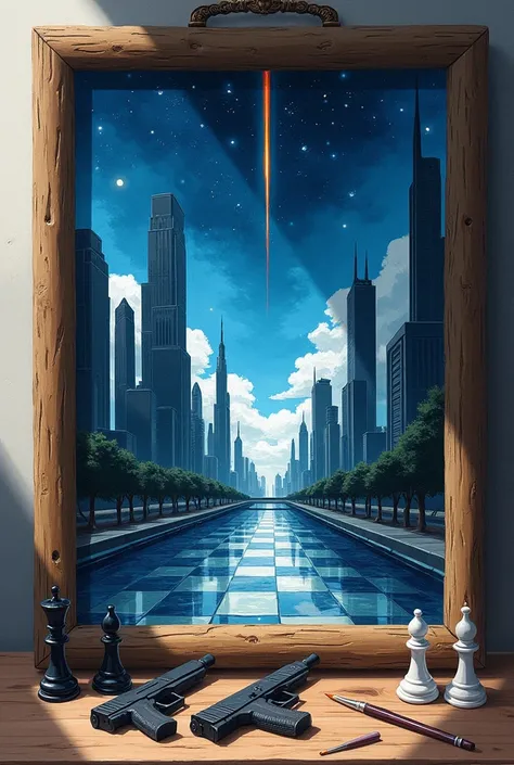 The image is Ghibli style, shows a painting, which has a frame with the figure of the ouroboros, On the canvas, a futuristic city with large skyscrapers is drawn with a brush and watercolor, with a shooting star streaking across the night sky in the distan...