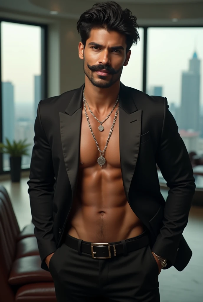 
**"A highly muscular and young Indian mafia with a perfectly sculpted, toned physique. His broad, smooth chest, chiseled abs, and strong, defined arms radiate raw sex appeal. He has a clean-shaven look, but his sharp, masculine features are accentuated by...