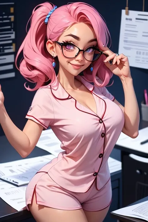 Perfect face. Perfect hands. A pink haired woman with violet eyes with an hourglass figure in pretty pajama top and cute pajama shorts and glasses is smiling while working on paperwork in the office with a big smile