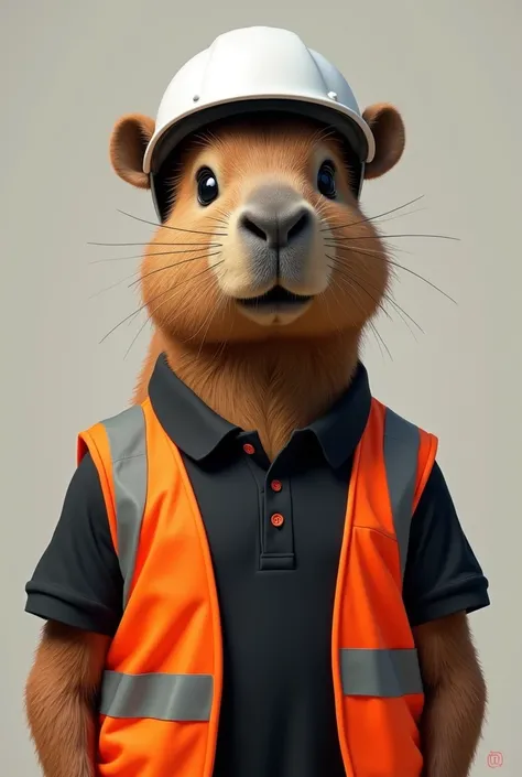 Capivara with black polo, orange reflective vest and white helmet
