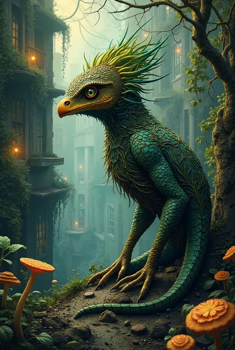 
"Create a surreal artwork inspired by Sego's organic and intricate street art style. The image should feature a fusion of wildlife and fantasy, with a mystical creature—part bird, part reptile—covered in detailed, flowing patterns resembling tree roots an...