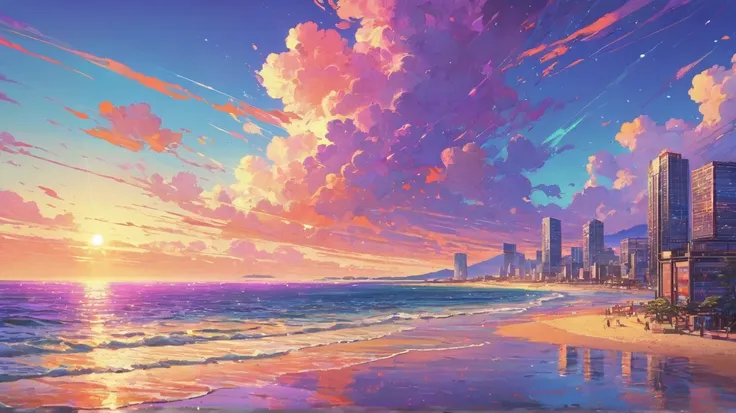 (masterpiece,  best quality:1.4),   cinematic light  ,  colorful ,  High Contrast , neon, sky, Sunshine, space, seashore, tide,  office workers,  Expansive Scenery Pictures , (a view from below that shows the sky above and the sea below use a lot of purple...