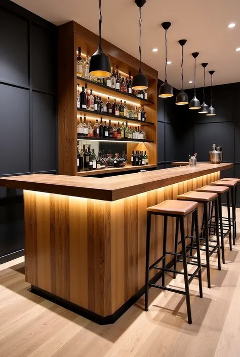 1. General Design:
	•	A U-shaped bar counter made entirely of natural wood with an elegant and modern touch.
	•	Approximate dimensions: 3 meters wide × 2.5 meters deep × 1.1 meters high.
	•	The design is suitable for modern, rustic, or industrial interiors...