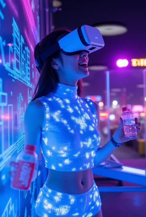 A young female character is freely exploring the metaverse and virtual reality world as a digital avatar. She is dressed in a holographic outfit and is in a futuristic environment, glowing with blue and purple neon lights. The woman is smiling in awe as sh...