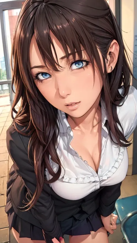 ( top quality, 4K, 8k high resolution,  Masterpiece:1.2),  very detailed, 1 person, woman, (  black hair,  long hair,  blue eyes),(( school uniform)),(( miniskirt)),(( cowboy shot)),(()),(()),(()),(()),(()),(()) Sexy Vibe ,   attractive breasts,  magic hou...