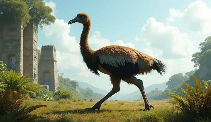  On a vast prehistoric plain , a giant moa ,  an extinct flightless bird ,  it walks majestically among the lush vegetation . His body is slender and muscular,  covered with brown and gray feathers ,  with a short tail and a long neck . His head,  Large si...