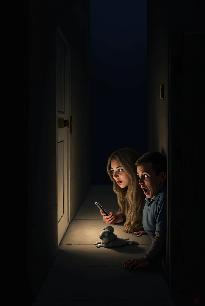 Two surprised people ,  a woman and a man , They observe a dog next door a baby covered with a blanket in a dark alley.  The light of a cell phone illuminates the scene ,  reflecting the concern on their faces ."