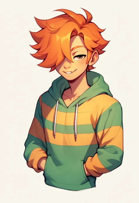 Undertale  Style , human Male , Orange hair ,hair over eye , Striped hoodie , According to a  branch,solo , freckles , Character sheet ,