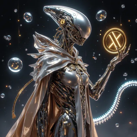 A Playful, Stylish Extraterrestrial
A faceless alien embodies playful yet futuristic elegance. Its sleek, fluid form reflects a subdued palette of opulent tones—shimmering platinum,  Iridescent silver, gold, and bronze—shifting subtly with the light. The a...