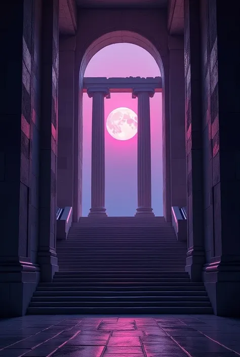 Large full window bathed in dim light with dark violet tints, The middle part is a Greek structure similar to the Parthenon in its splendour, Inside the enclosure a gloom with dark violet tints,  a wide staircase that descends and highlights the moonlight ...