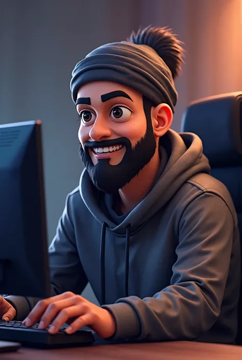 A 25years old muslim beard man cartoon character who is a professional video editor and motion graphics Designer.  working on her computer desks. Blur  Background After effects icon and premier pro logos