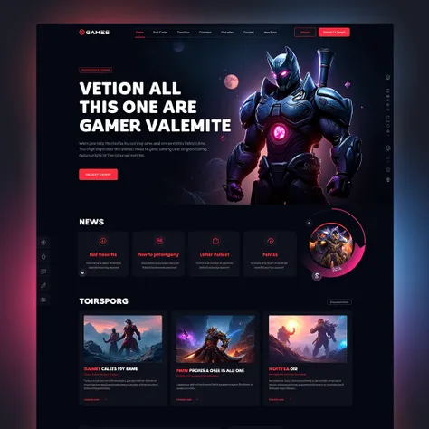 An interface of a website for a game development company, similar to the biggest companies. The website has a dark background with bright text and images. There is a large banner image with a game character. Below the banner, there's a section with the lat...