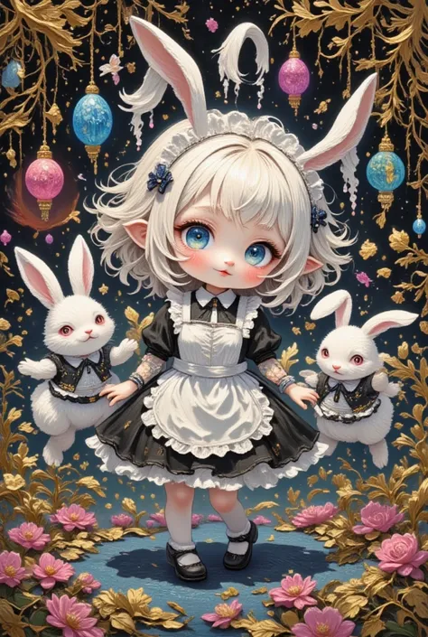 psychedelic wonderland, 1 chibi girl, funny expression, two anthropomorphized rabbits in maid dresses, ultra detailed, absolutely resolution, masterpiece