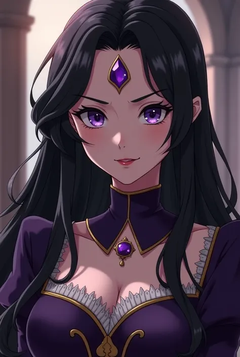  40-year-old woman with long black hair, fashionably dressed in medieval times, As a princess. She has purple eyes and a serious expression ,  tongue . There's a purple gem on your forehead. anime art.