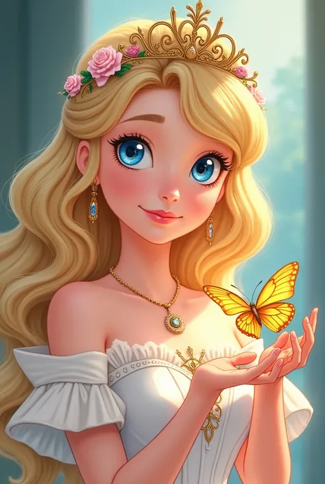 Dessin animé d'une princesse aux cheveux blonds dorés ondulés et aux yeux bleus comme le ciel. Elle porte un satin blanc et autour de sa tête se trouve une couronne de roses dorées, et sur les doigts de sa main se trouve un papillon doré dans un beau et be...