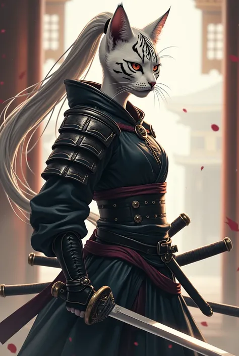 A Catfolk samurai woman,  sharp claws,  pointy ears , white coat with black stripes similar to the tiger, Full-bodied and medium-armored samurai in realistic anime style 