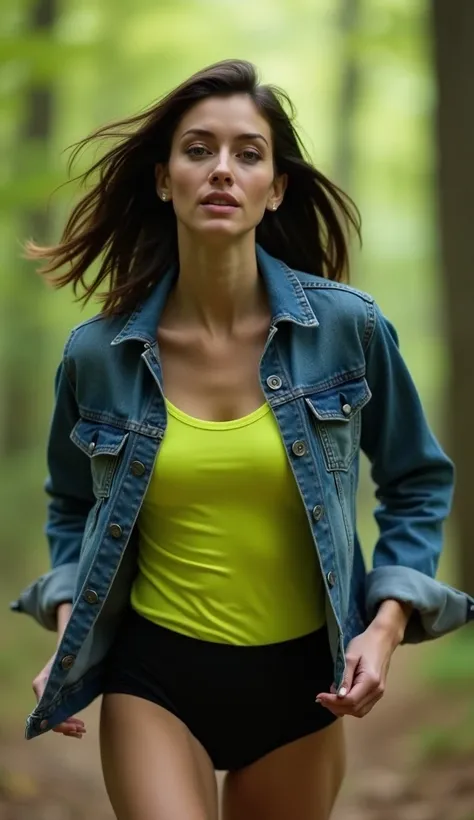  Ultrarealistic image . A slim dark-haired 25-year-old German woman .  She has a distinctive narrow face with high cheekbones and a small nose.  She has shoulder-length hair . She is wearing an open denim jacket and a long neon yellow top. She is wearing b...