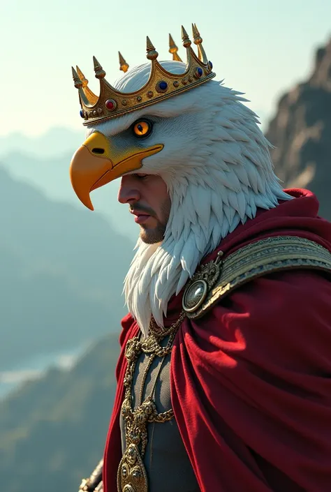 Hyperrealistic HUMANOID with the head of a white eagle with a crown and king's clothes on the edge of the cliff with a hand on a man's chin.  4K HDR with lots of details   .    The humanoid is extremely muscular and strong. volumetric light, reflexes, Dyna...