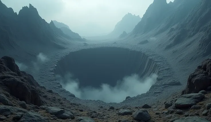 Mountain-topped crater filled with shale and smoky rocks