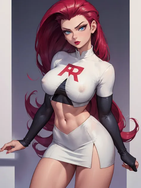 Beautiful girl in sexy standing, ((slicked back hair, long hair,)), big blue eyes, red lip gloss, perfect body, Team Rocket, Team Rocket uniform, white skirt, crop top, high stockings, elbow gloves, masterpiece, highres, ((plain background:1.3))