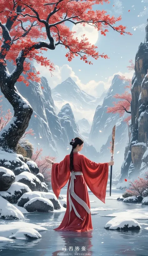  with Chinese art style ， In front of it is another river made entirely of fog ， A Chinese-style poster 、 composed of snowflakes and splashing ink ， that exudes immortal heroism 。 The image displayed inside the vent is a red tree hanging on a winter red tr...