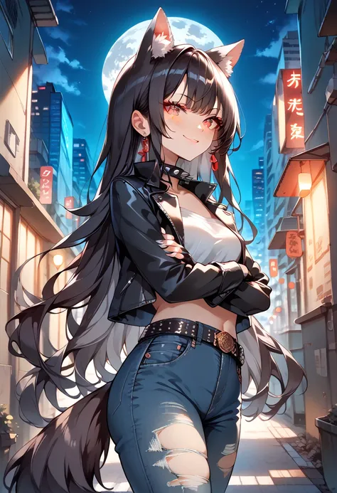 ((masterpiece, best quality, ultra detailed, high resolution, beautiful detailed face, beautiful detailed eyes, perfect hands)), (1 woman, solo, wild), (wolf ears and tail), (black hair, silver inner color hair, very long hair, diagonal bangs), (turime:1.3...