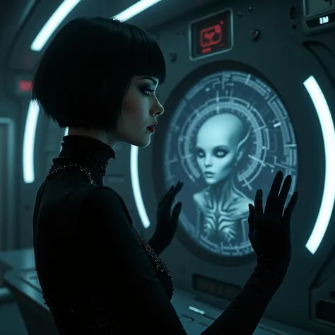 
a dark gothic woman from the future, dark gothic makeup, medium short hair in a dark gothic style, while on board a gothic spaceship she talks to an alien in front of a olographic screen,Masterpiece, High Resolution, Accurate, Anatomically Correct, Best Q...