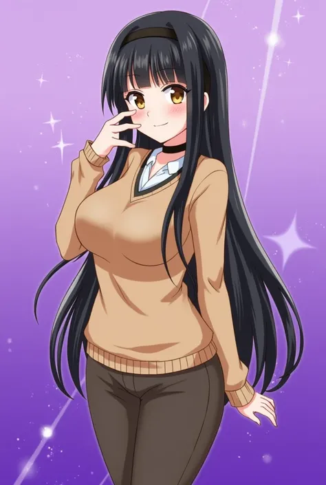 1girl, very long hair, low-tied_long_hair, blunt bangs, Black hair, blush, yellow eyes, large breast, shiny purple background, looking at viewer, blush, pose, uper body, Brown sweater, dress pants, Black collar, smile, mature female, hairband, milf