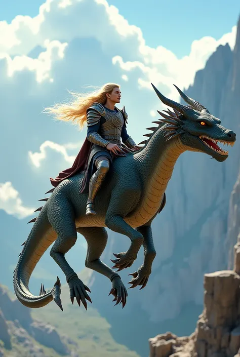 Man with long blond hair riding a two-headed dragon 