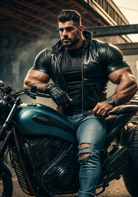 Ultra-realistic, highly detailed, chiseled young burly biker man with a muscular, shredded bodybuilder physique. His massive chest, broad shoulders, and veiny, tattooed arms exude power. His biceps and triceps are flexed, showcasing thick, vascular muscles...