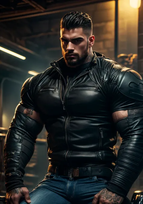 Ultra-realistic, highly detailed, chiseled young burly biker man with a muscular, shredded bodybuilder physique. His massive chest, broad shoulders, and veiny, tattooed arms exude power. His biceps and triceps are flexed, showcasing thick, vascular muscles...