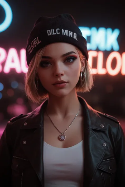 Face close up, alternative girl, watching over black sunglasses, jacket, necklace, neon light reflections on skin, ear ring, makeup, skin imperfection, short hair, beanie, neon lights background, low light, depth of field, highly detailed, high contrast, f...