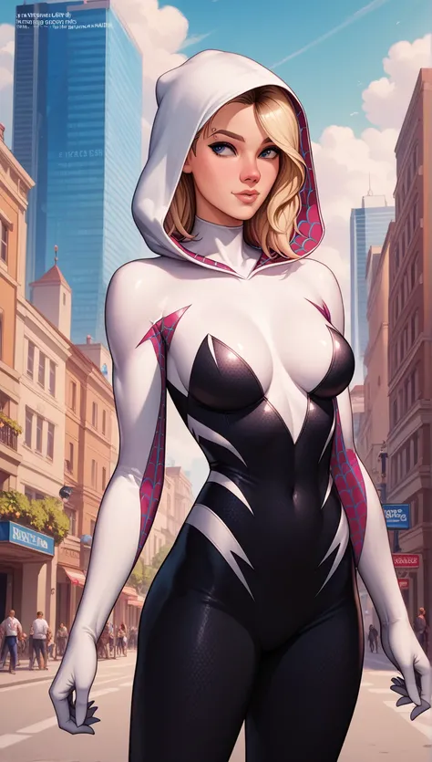 ((best quality)), (highly detailed:1.2), masterpiece, ((official art)),1girl, solo,beautiful face, symbiote,spider gwen,SVGM,hood, completely black clothing, looking to the side, body to the side, the body is to the side, she's standing, pernas abertas, be...