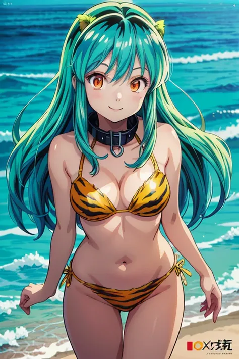 Best Quality, Ultra-high resolution, Maximum resolution,(Anime illustration style:1.5),One Girl、smile、(Demon Horns:1.2)、Standing、(Anime illustration style:1.5),smile、Closed Mouth、Ramインベーダー, beach, Ram, Tiger print bikini, smile, Waist-length hair, Beautifu...