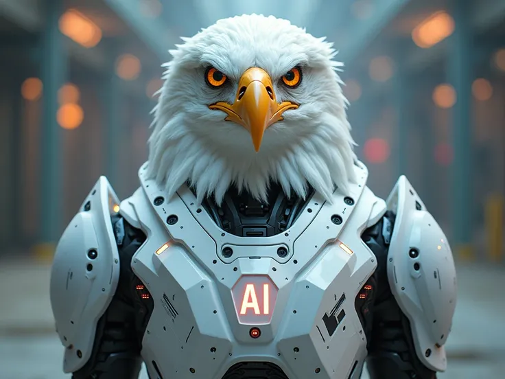 a white eagle face with human body is wearing like robot suit artificial intelligence like sci-fi with the word Ai as its a thumbnail design
