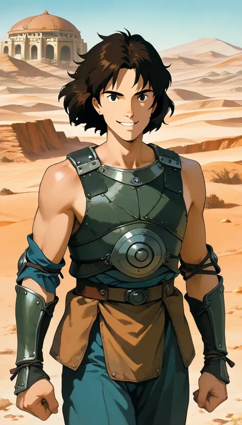 (1boy, Dastan), (extremely detailed CG unit 8k wallpaper),(master part), (best quality), (ultra detail), (best illustration),(ghibli_style), cowboy shot, standing, facing viewer, looking at viewer, perfect face, perfect eyes, perfect fingers, (Sharp eyelin...