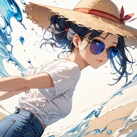 Oriental beautiful girl，sideways，Looking over the shoulder，White transparent real-life painting，Colorful water splash rendering，Facial texture is clear，Sun hat，loose white shirt，Blue distressed denim shorts，sunglasses，White sand background，messy strokes.Cl...